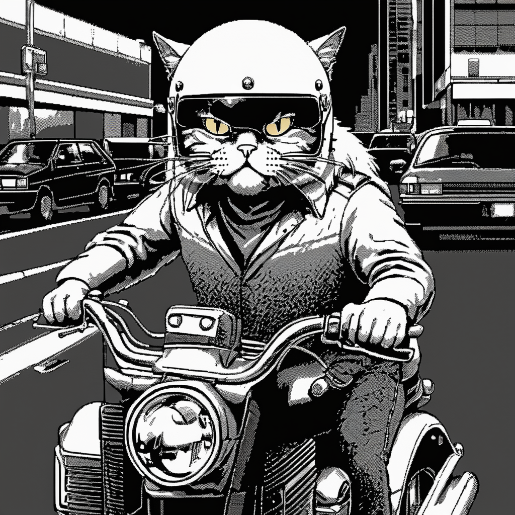 02974-3064533244-_lora_Macpaint-XL-000015_1_, Macpaint, a black and white pixel image of a close up of a gruff looking fat cat wearing a motorcyc.png
